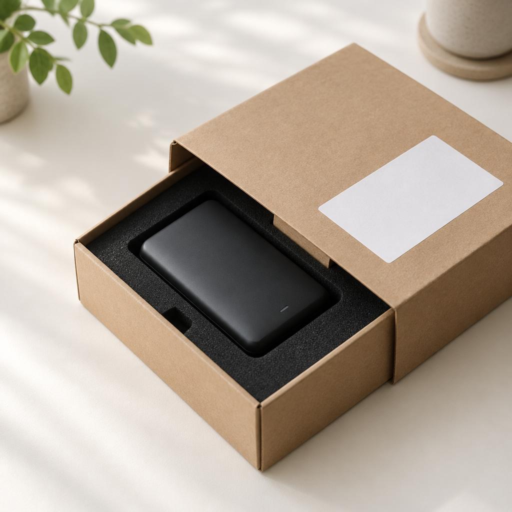 A plain, unbranded cardboard box with a blank label, opened to show a device packed in foam